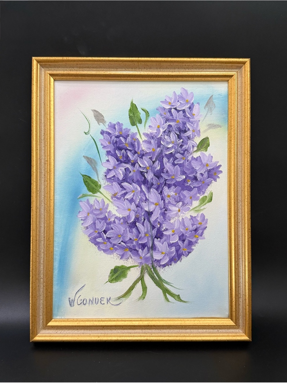 Signed W Gonder Still Life Purple Lilac Bouquet Flowers Acrylic Painting 14”X10”
